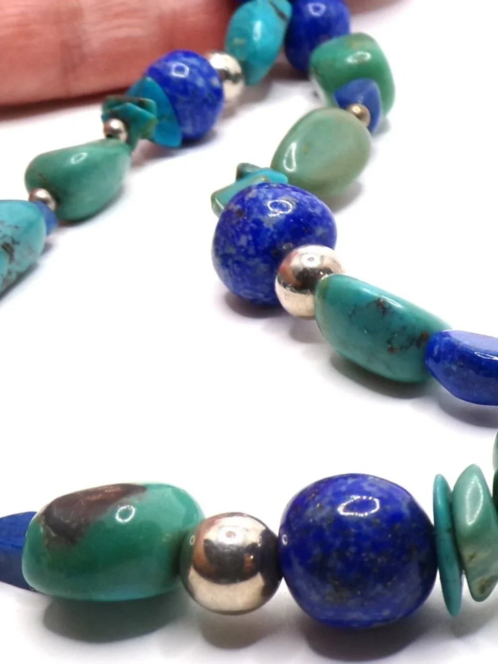Free-Form Turquoise & Lapis Necklace – Sterling Silver Beads & Clasp